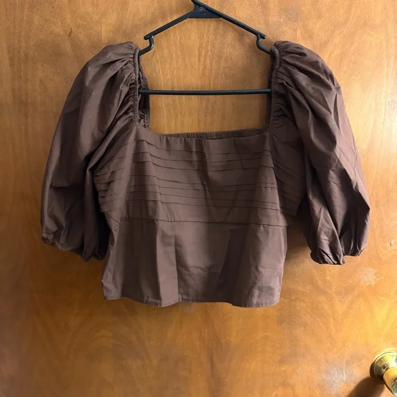 Abercrombie & Fitch Chocolate Brown Emerson Square Neck Crop Top Puff Sleeve Y2K - Picture 2 of 12